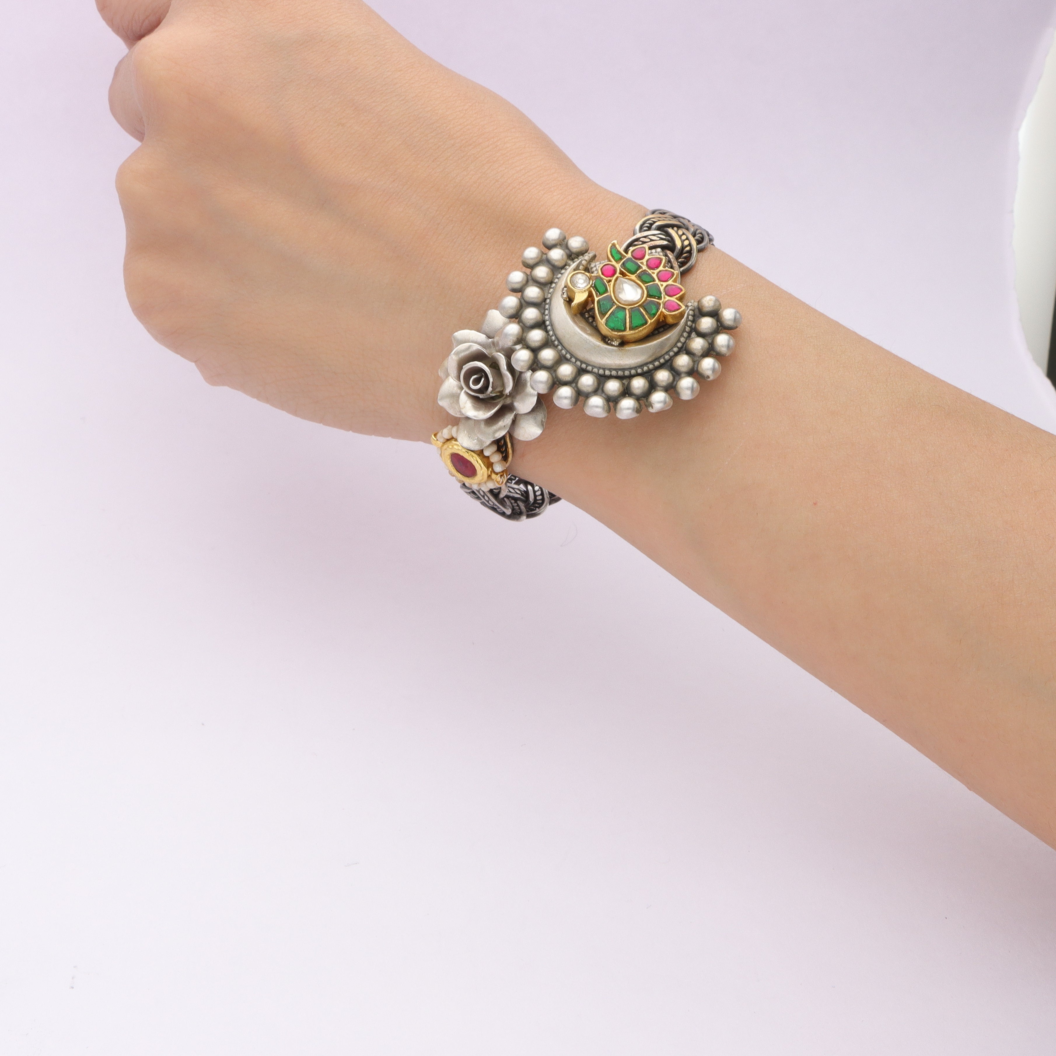 Silver Peacock & Rose Bracelet