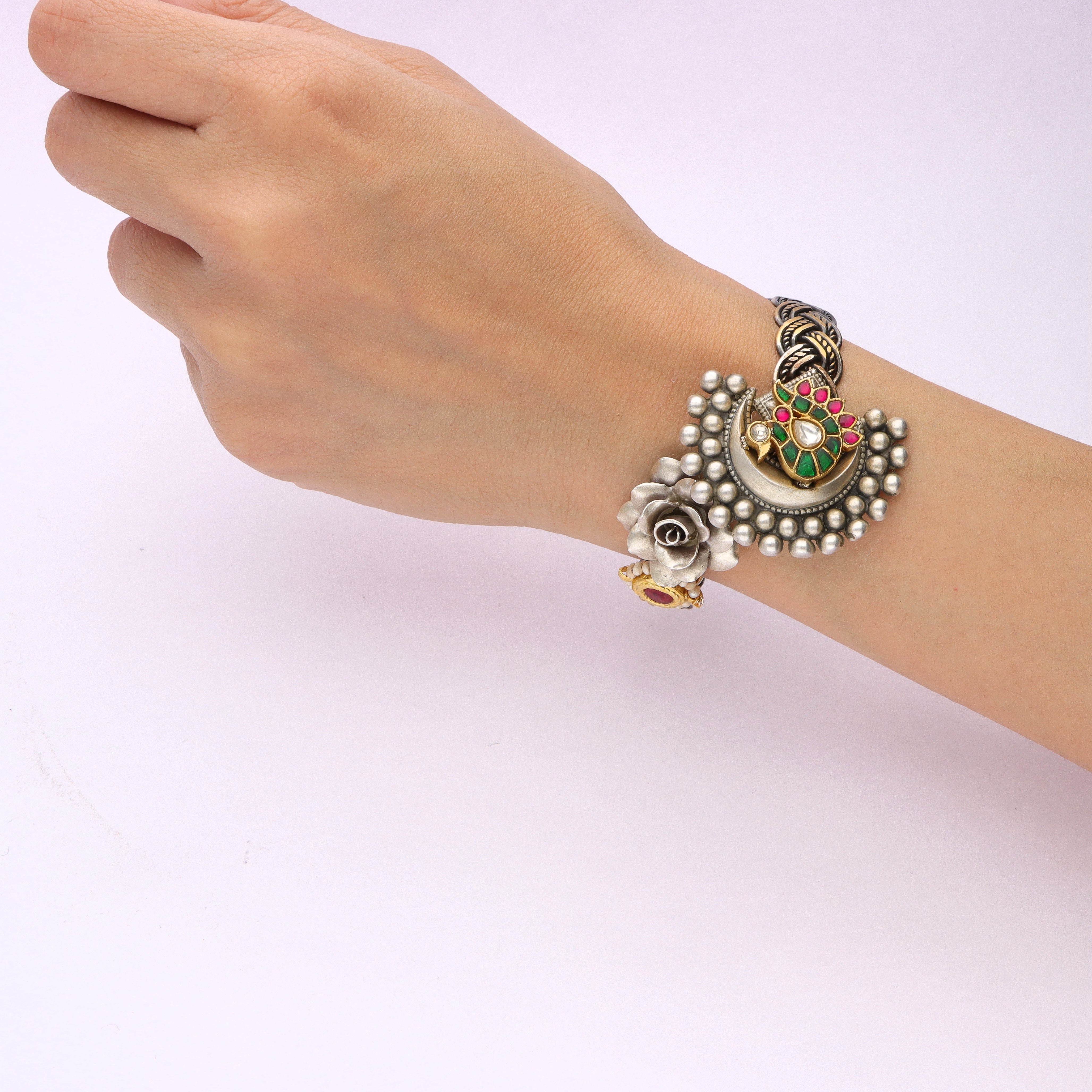 Silver Peacock & Rose Bracelet