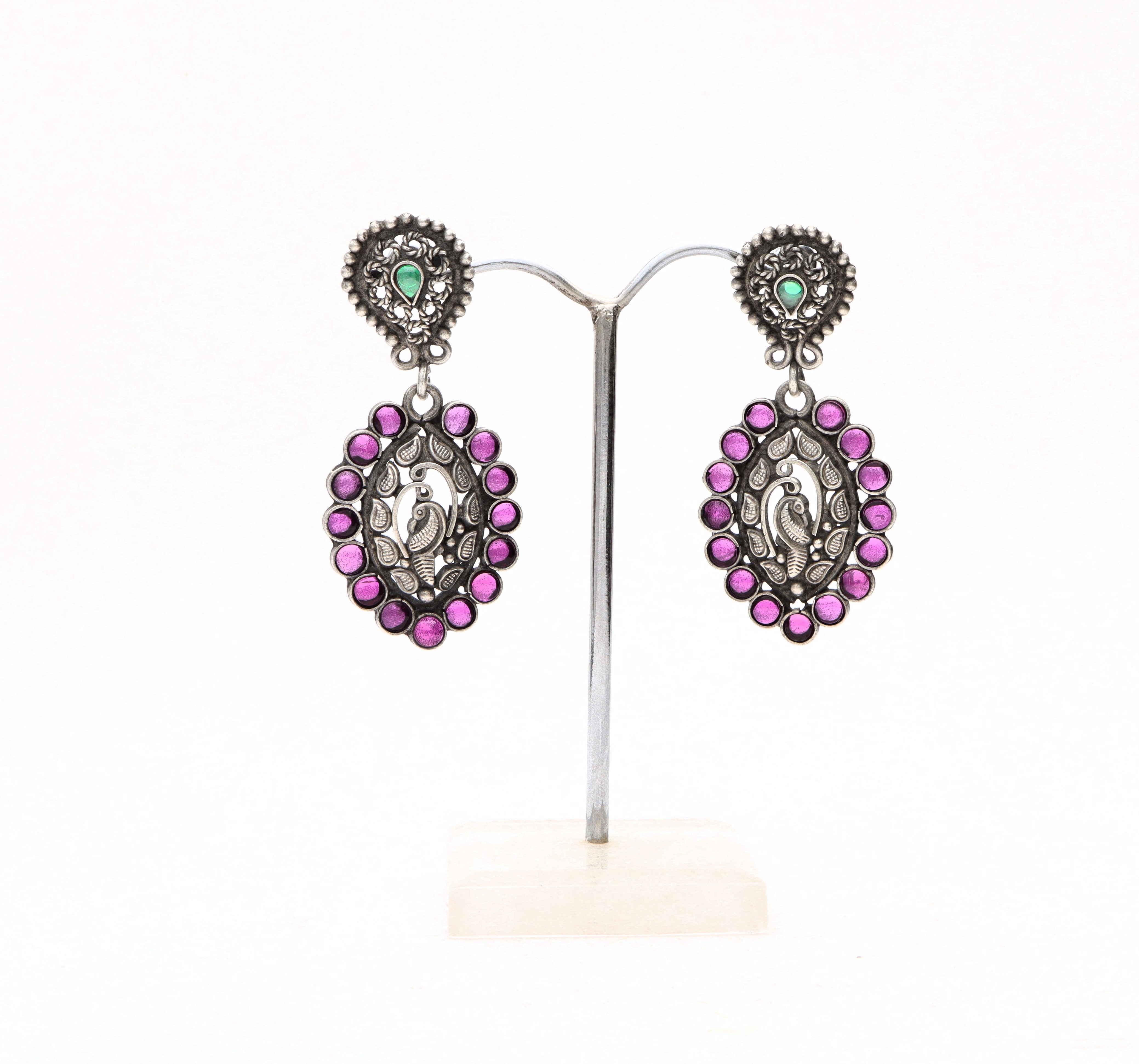 Silver Peacock Drop Earring