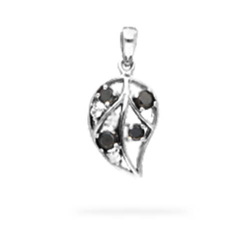 Enchanting black stone embossed silver leaf pendant