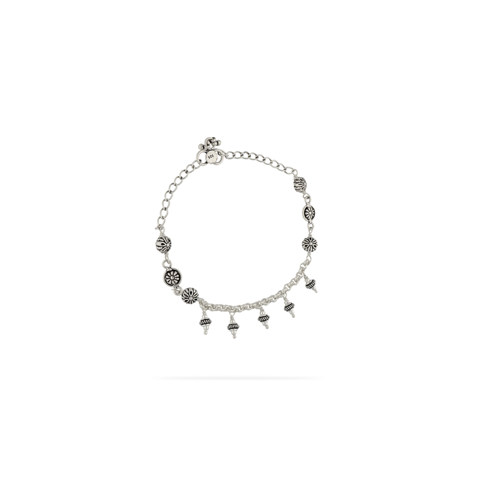 Daisy inspired silver payal set with metal ball charms