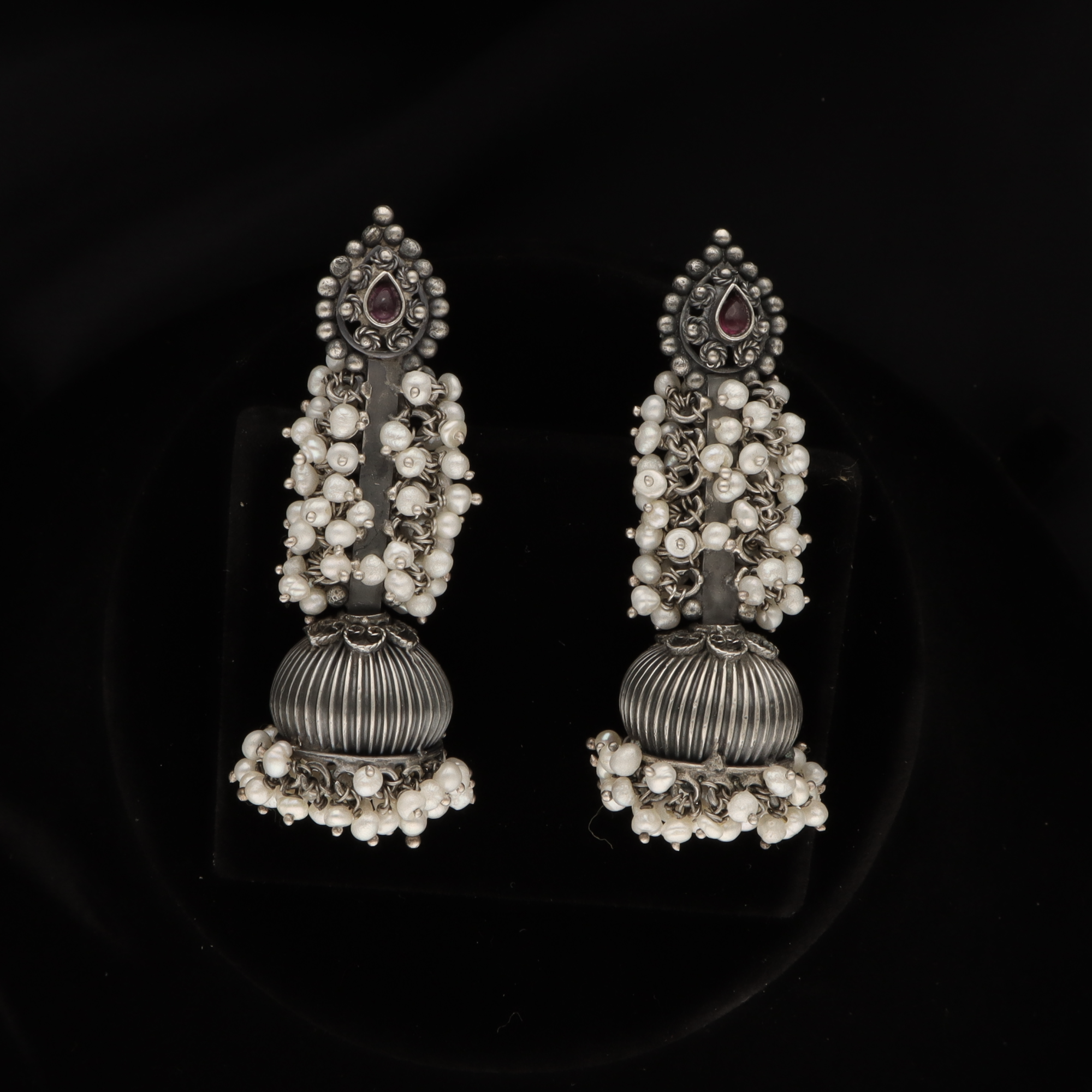 Silver Antique Jhumka With Pearls