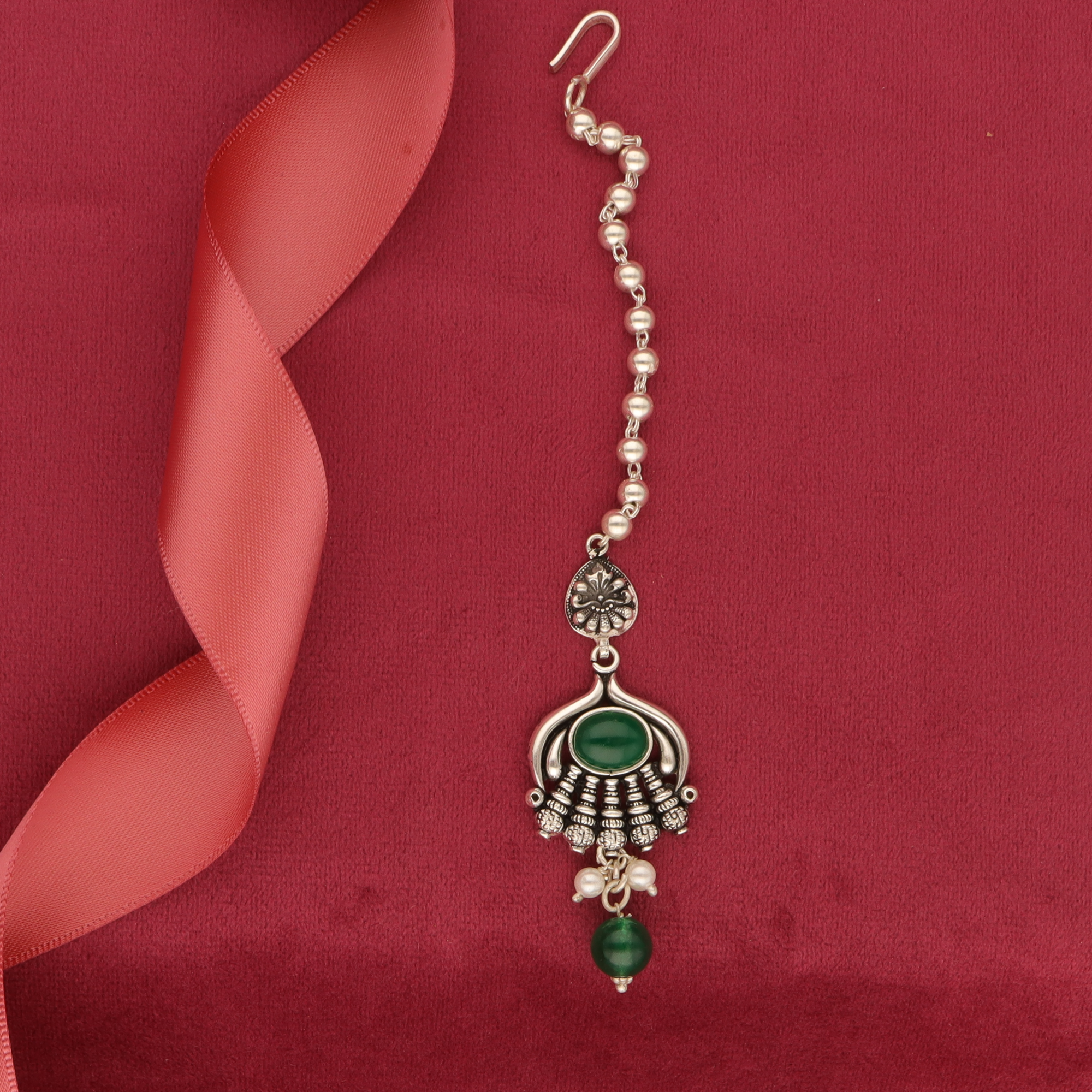 Silver Antique Green Stone maangtika
