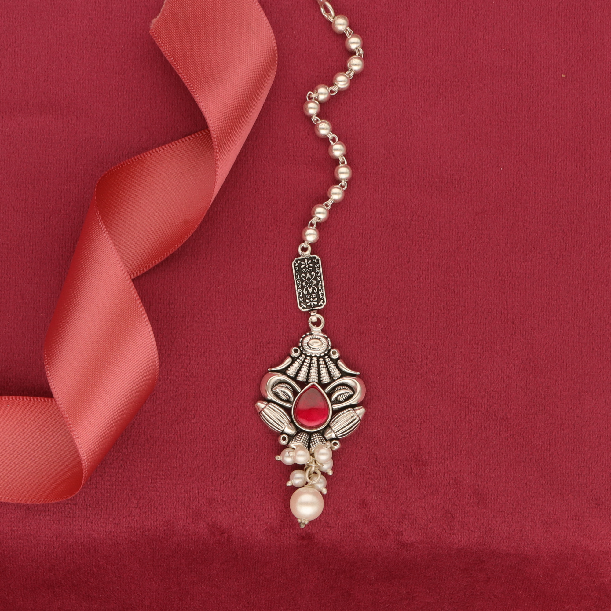 Silver Antique With Red stone Maangtika