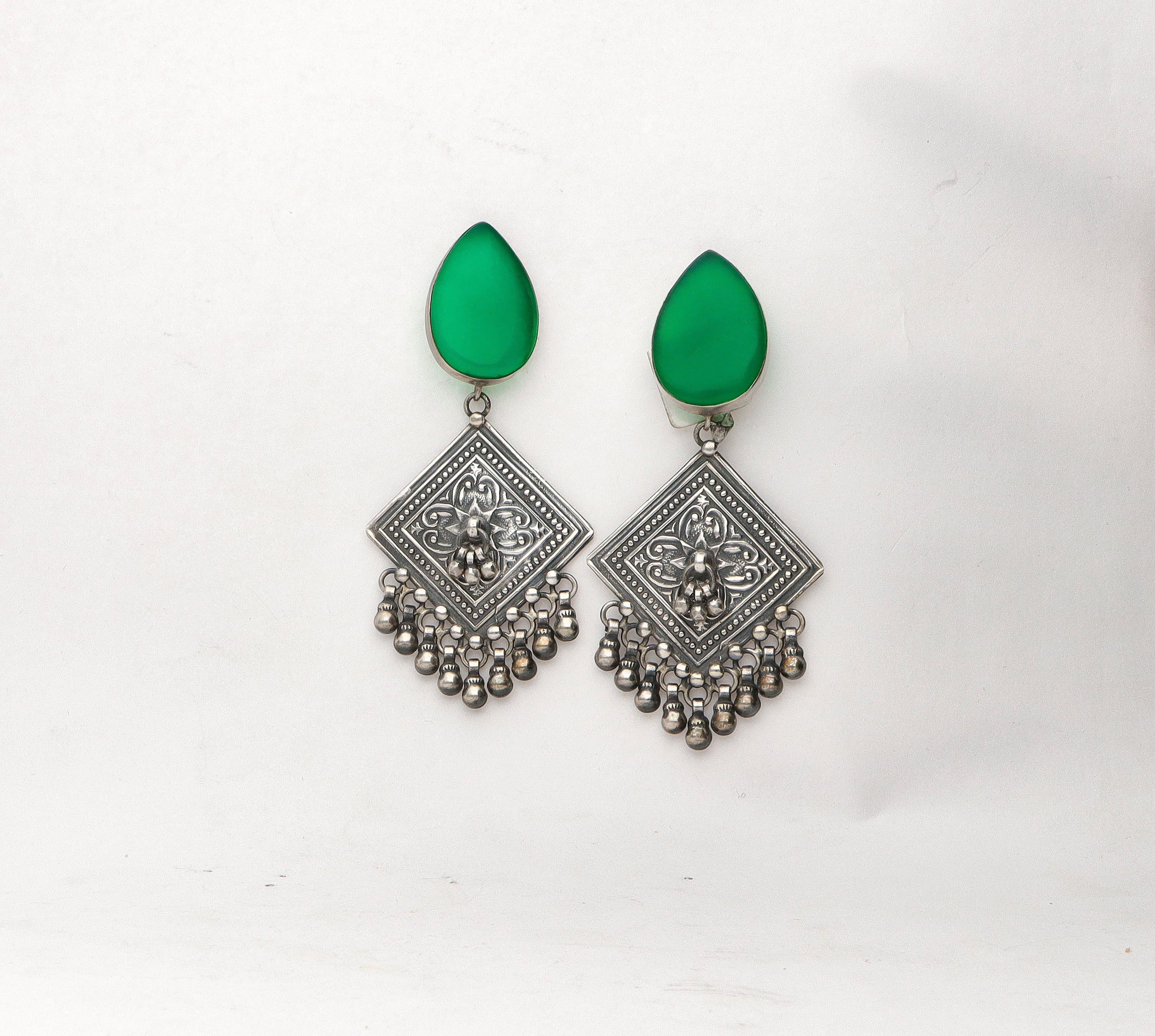 Silver Antique Green Stoned Earring