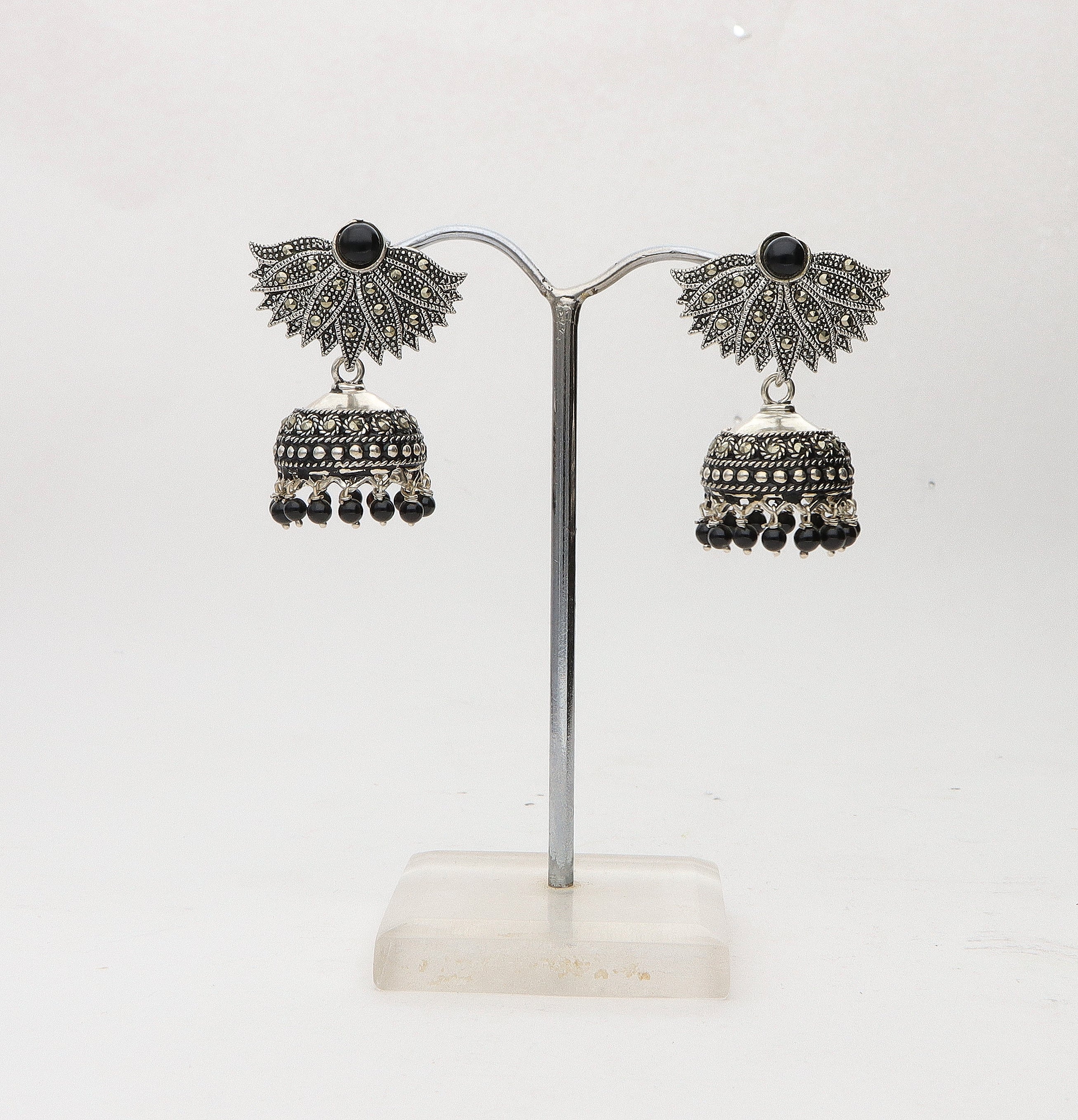 Silver Semi flower Black Stoned Jhumka