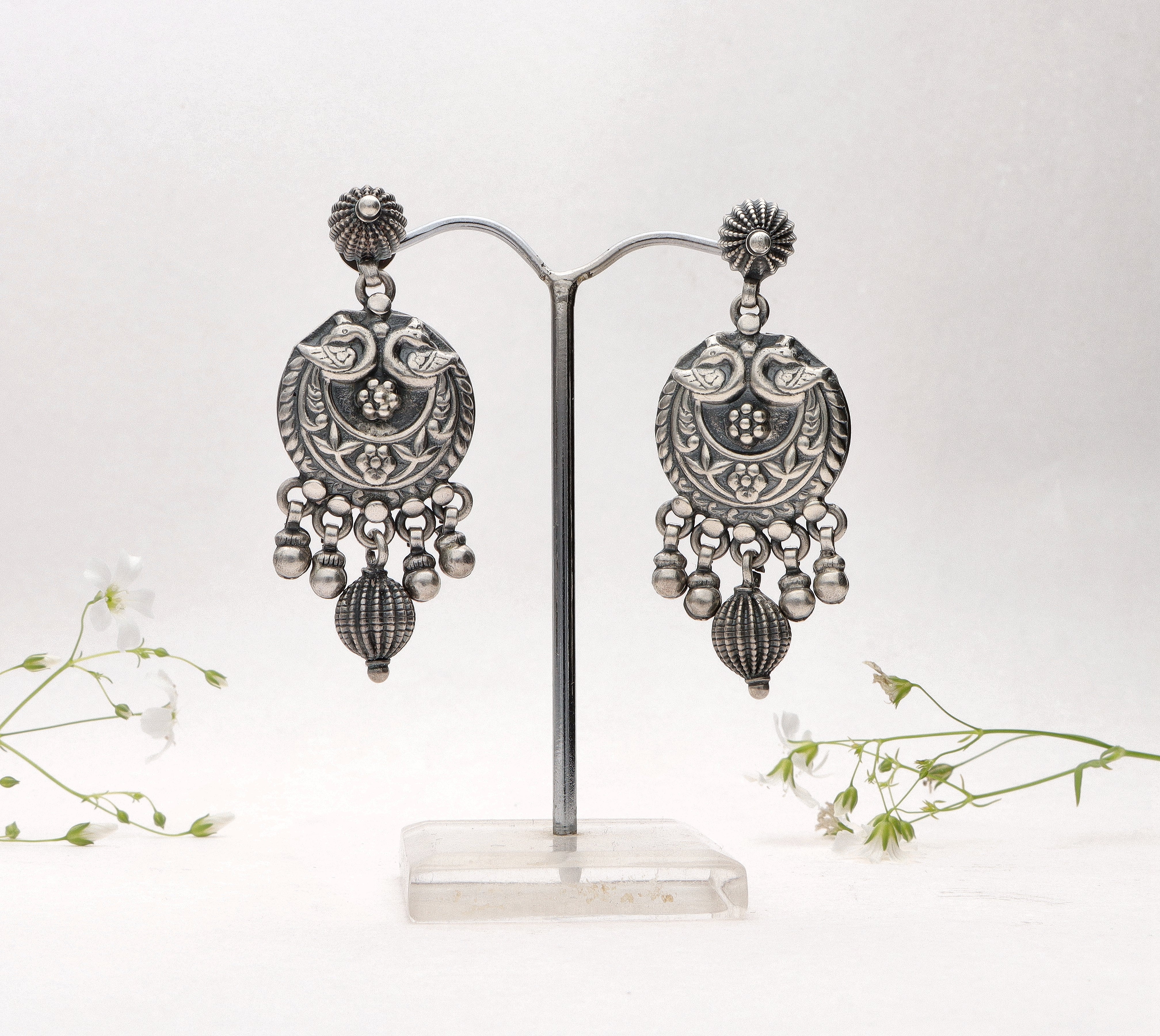 Silver Peacock Drop Earrings