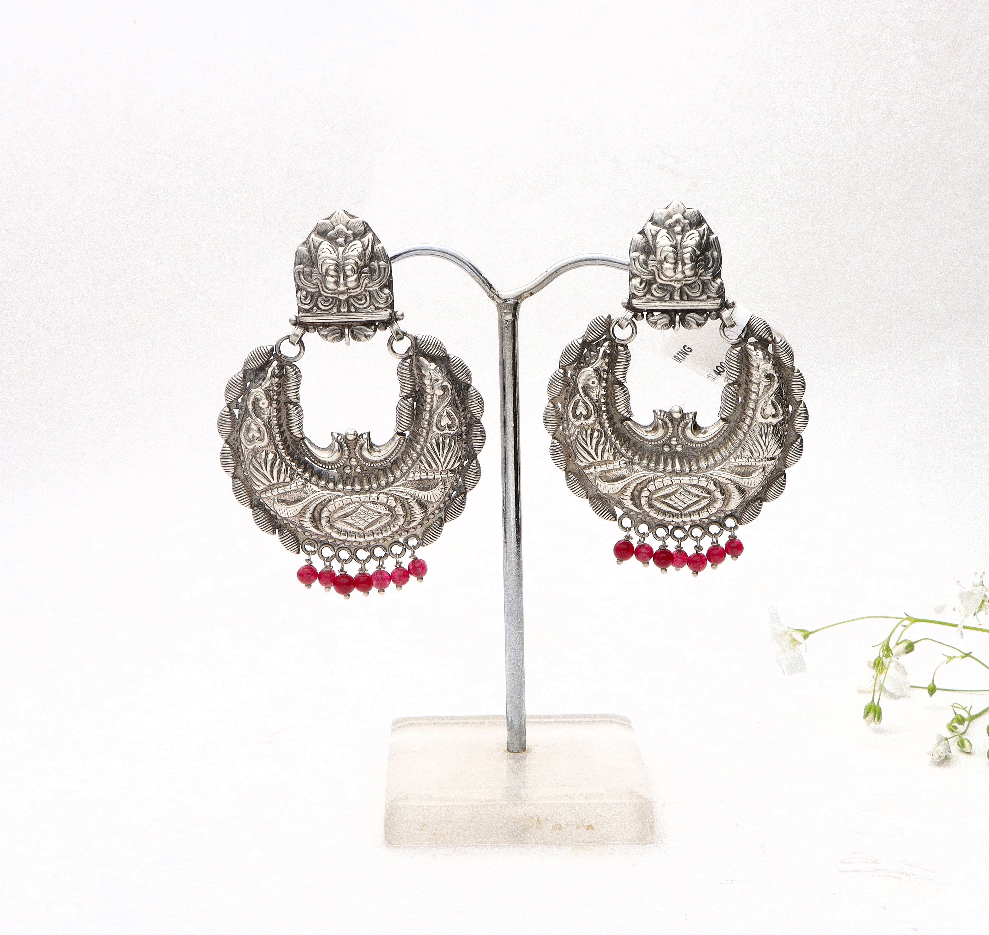 Red pinched royal silver Chand Bali earrings