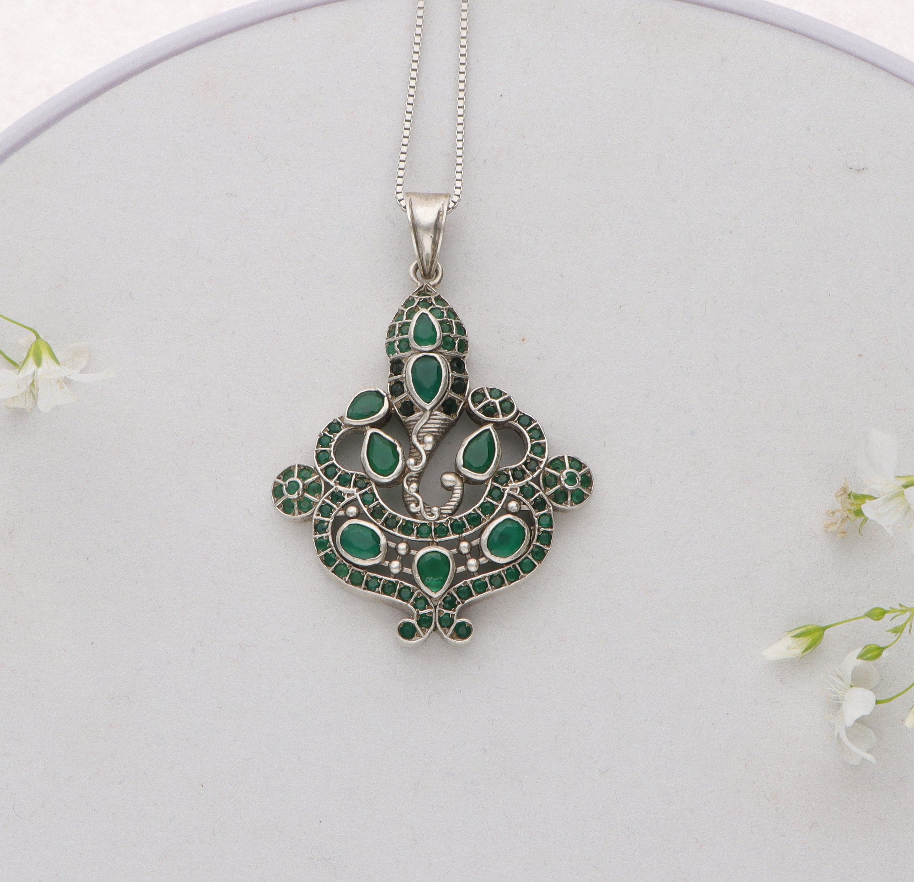 Silver Antique Green Stone studded Ganesha Pendant