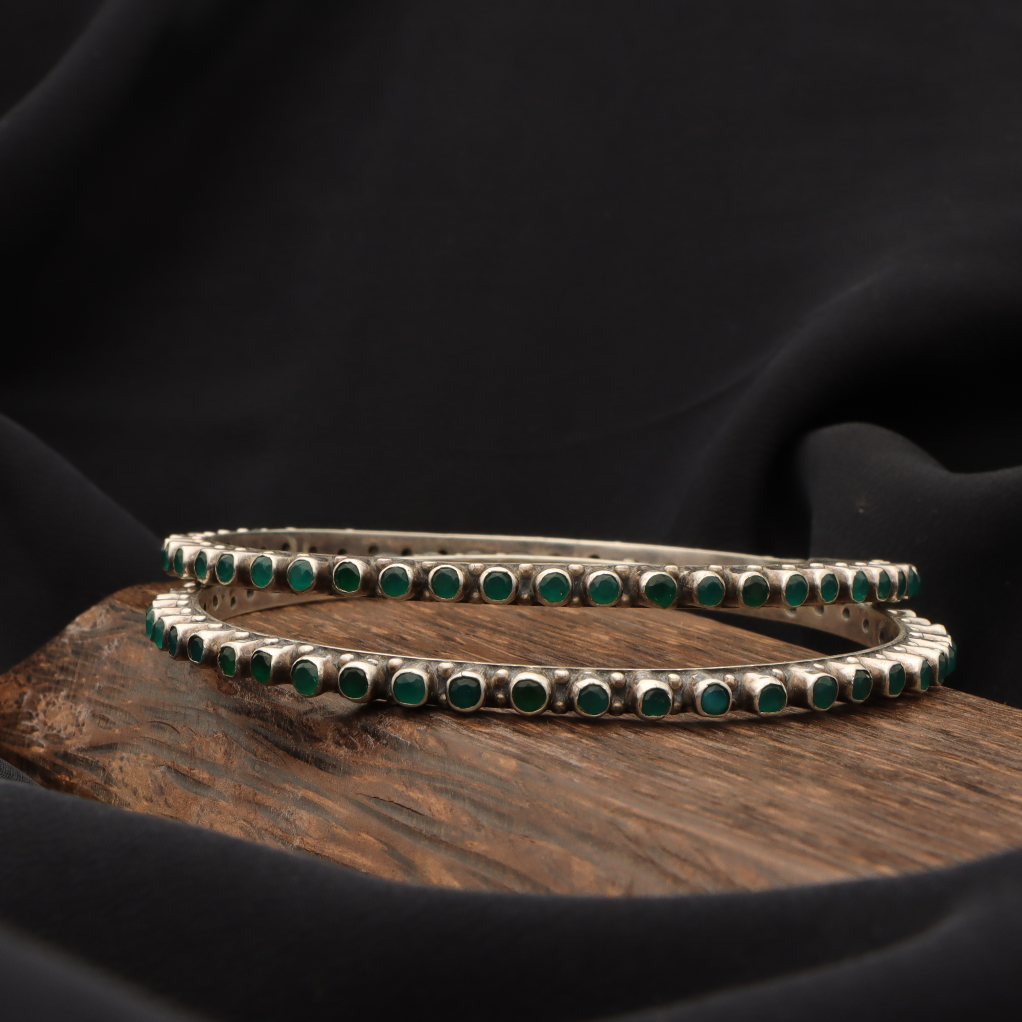 Silver Antique Green stone Bangle