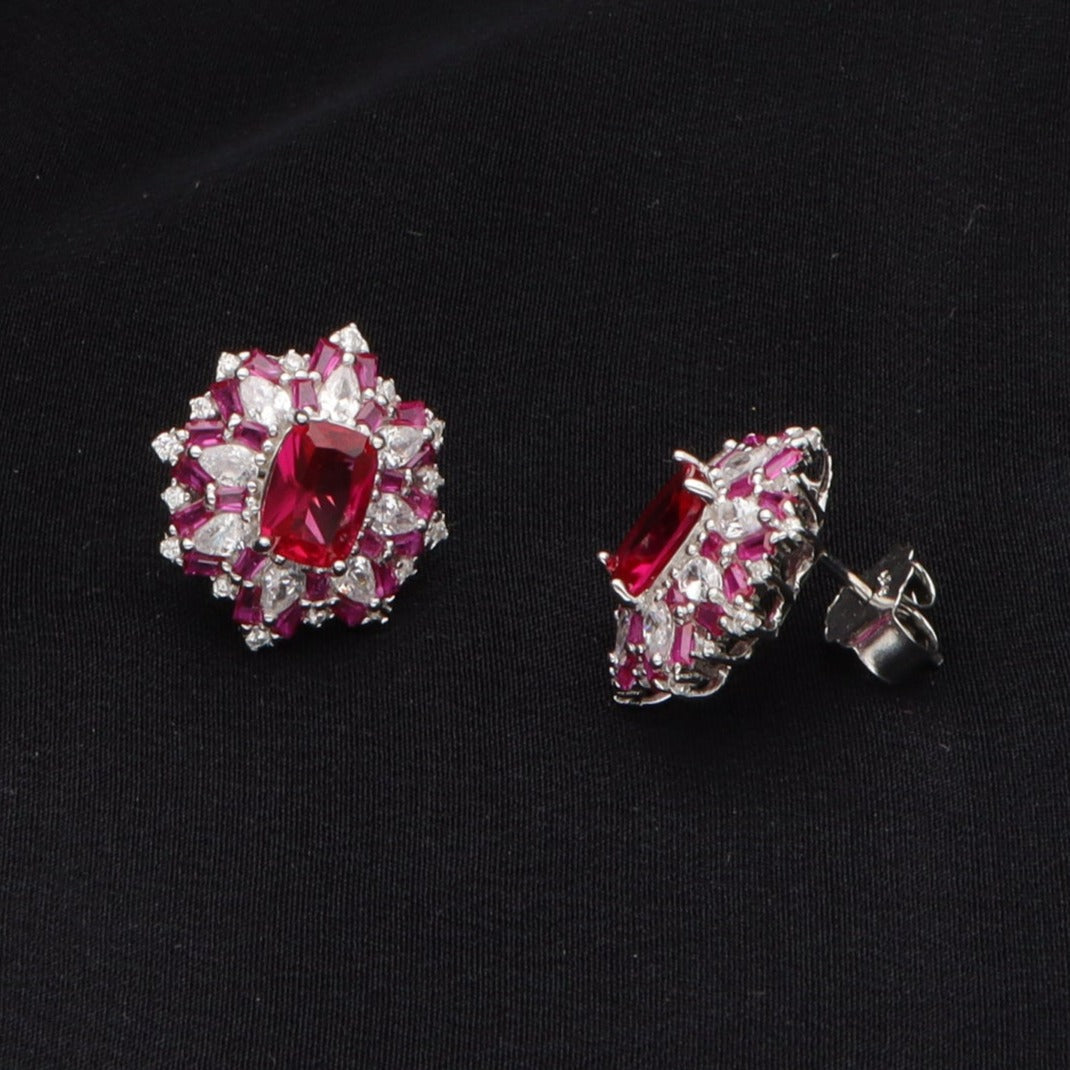 Silver Red Stone Stud earrings