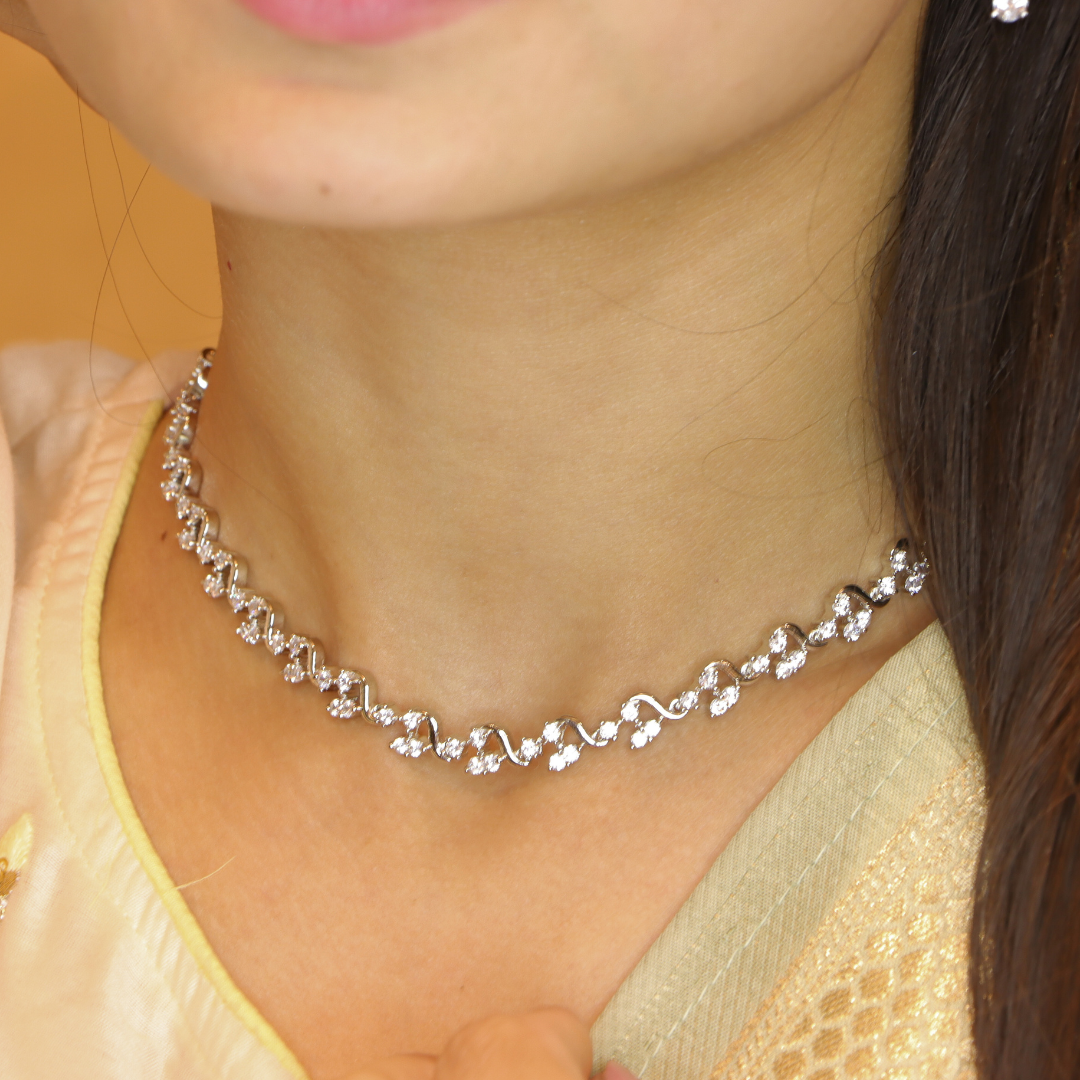 Silver Bloom Zircon Studded Necklace set