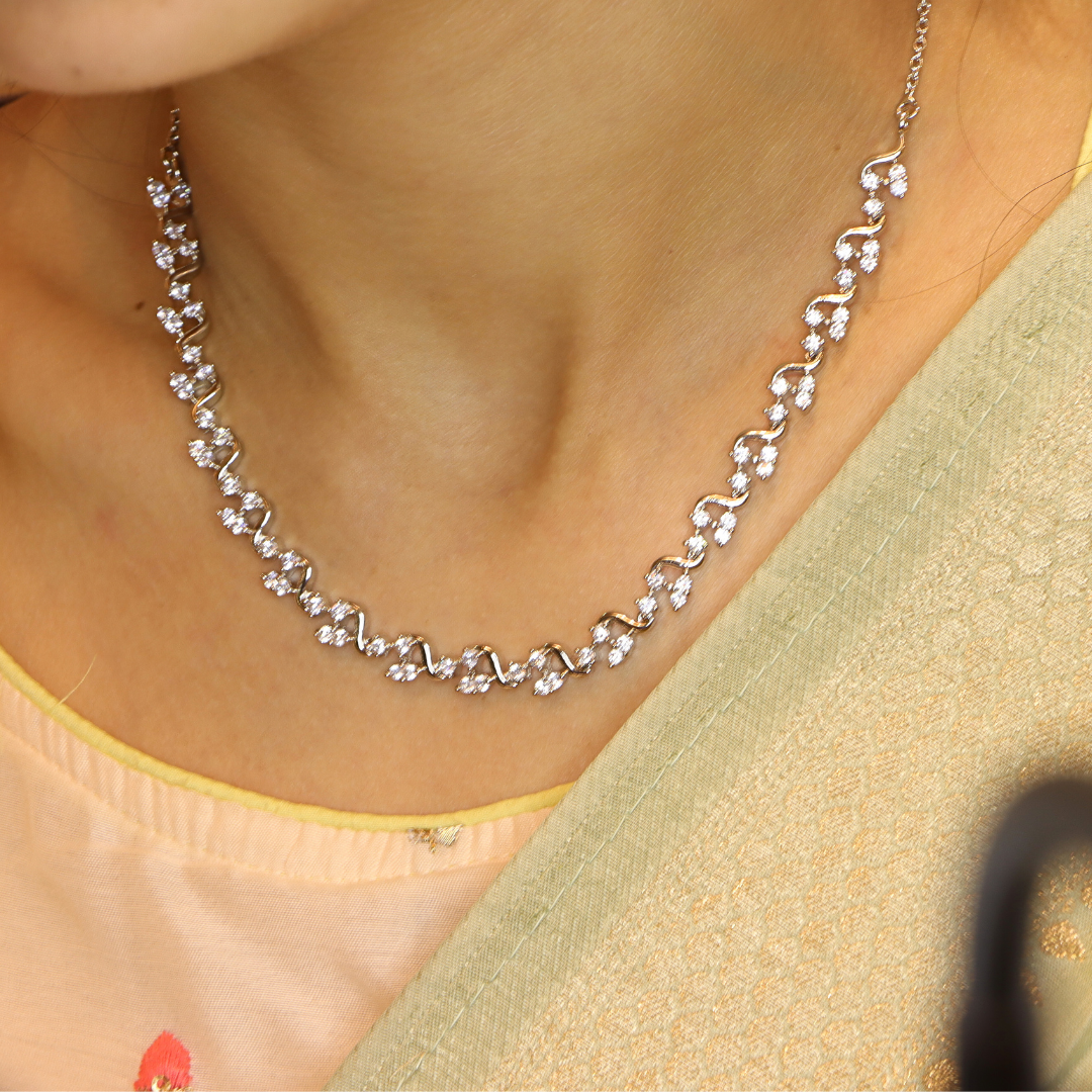 Silver Bloom Zircon Studded Necklace set