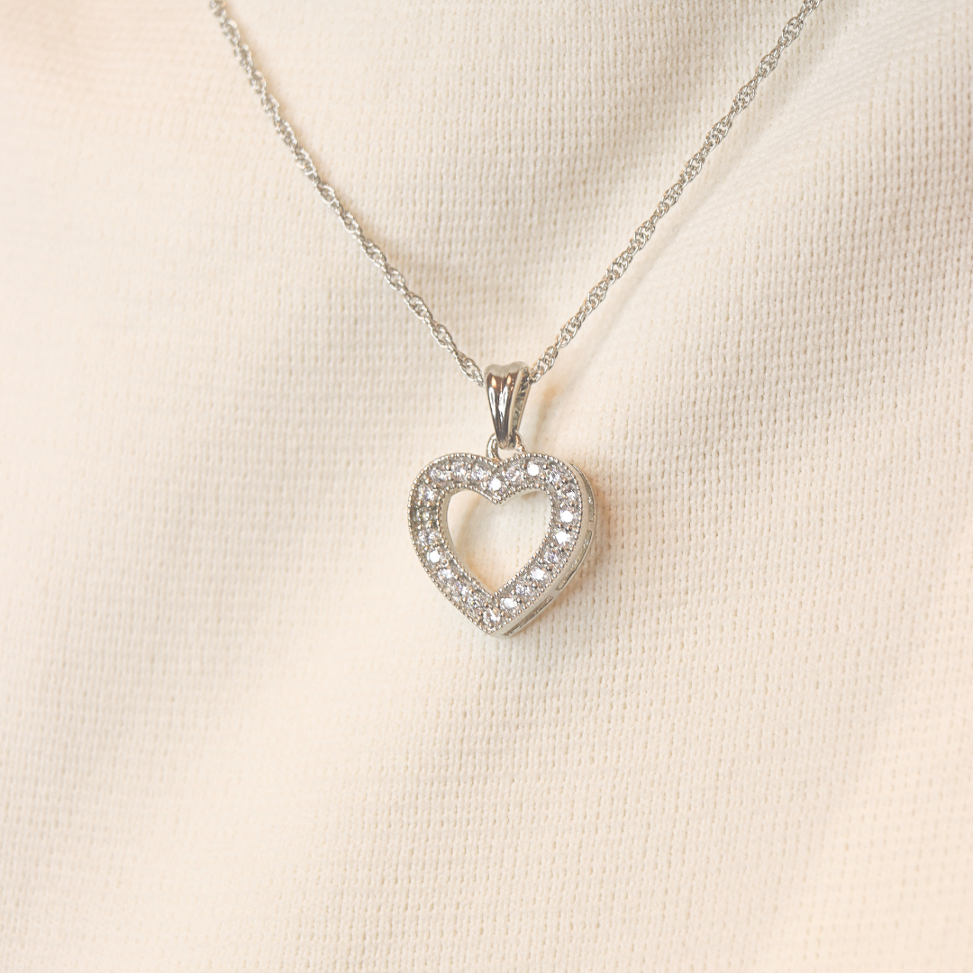 Zircon  Studded Heart Silver Necklace