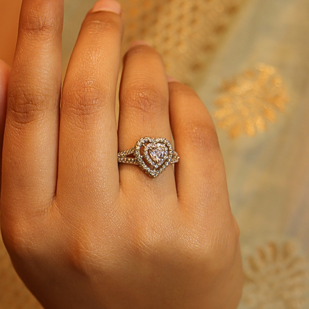 Silver Zircon studded Heart Shape Ring