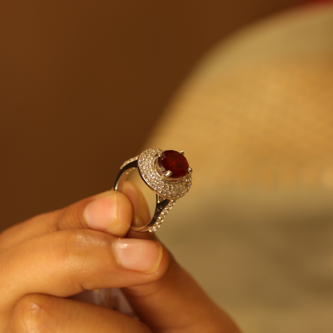 Zircon Studded Red Stoned Silver Ring