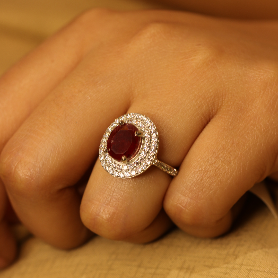 Zircon Studded Red Stoned Silver Ring