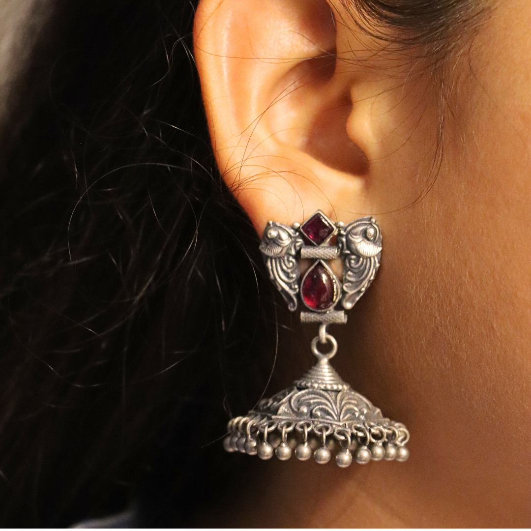 Silver Peacock  Ear Drop Jhumki