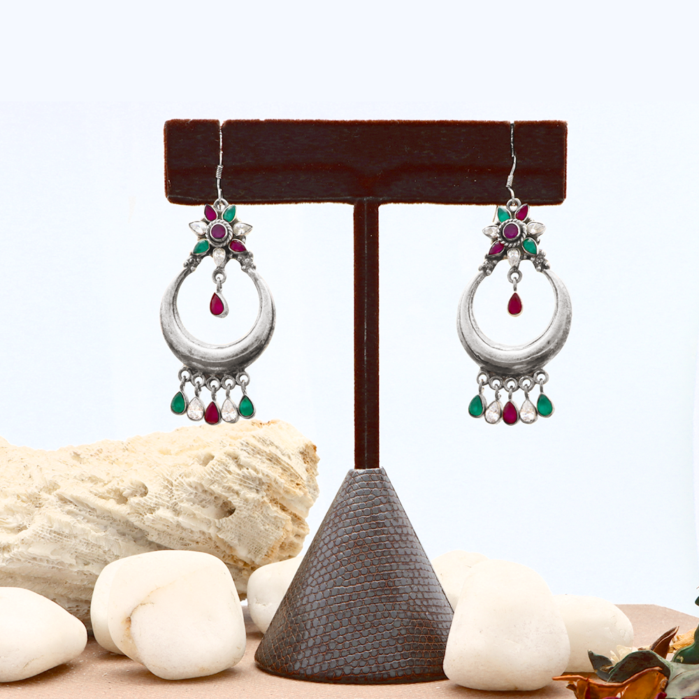 Red and Green hue teardrop enhanced half-moon floral drop Silver earrings