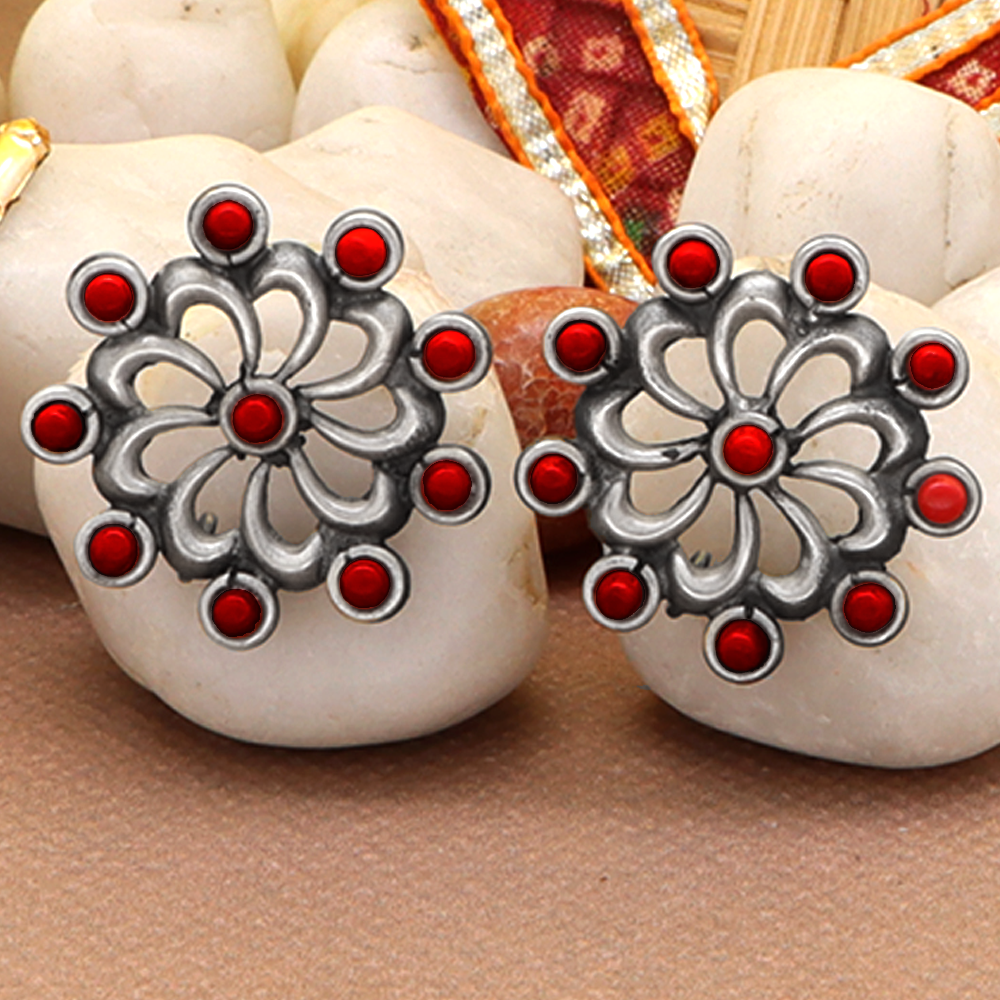 Red pinched beautiful floral silver stud set