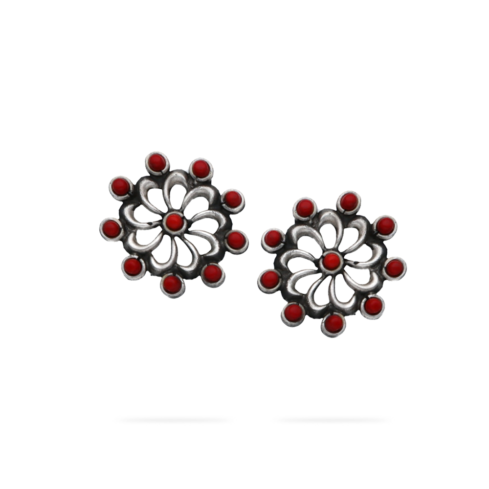 Red pinched beautiful floral silver stud set