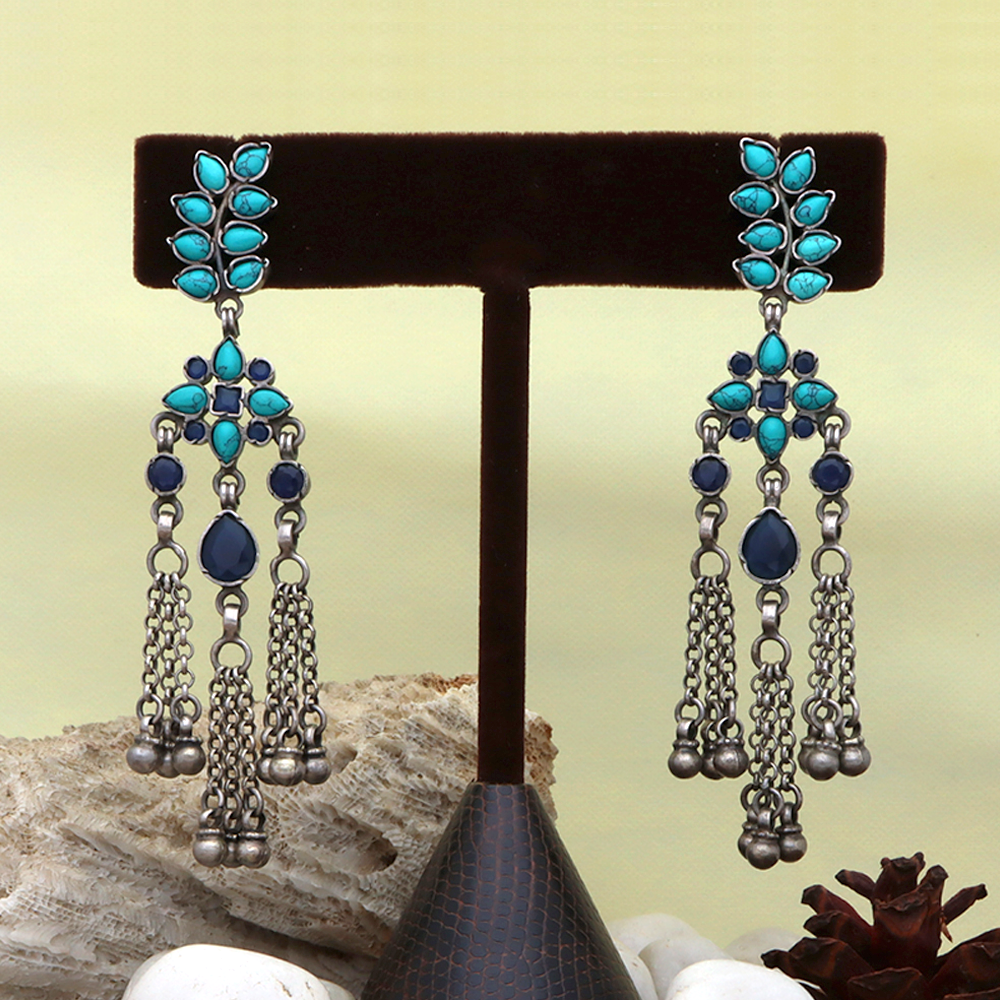 Dazzling blue stone studded leafy silver danglers