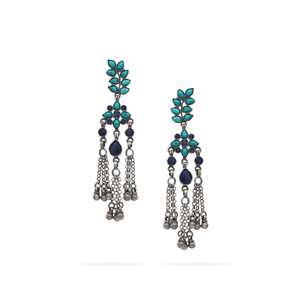 Dazzling blue stone studded leafy silver danglers