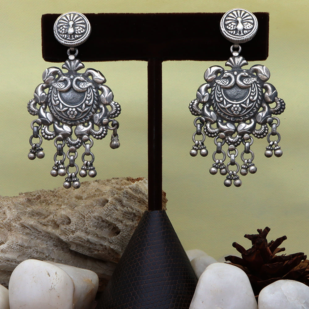 Royal peacock etched stud and flat drop silver earrings