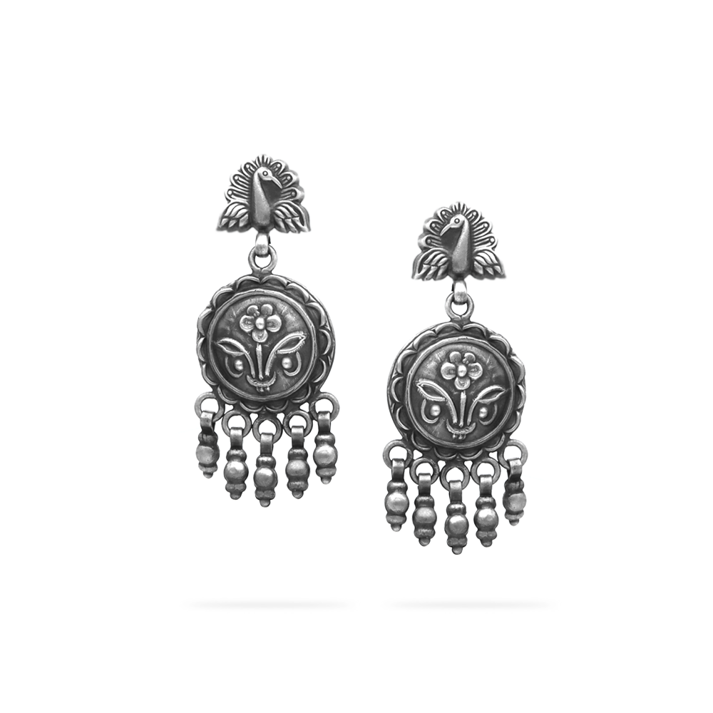 Spirited peacock floral vintage drop silver earrings for women