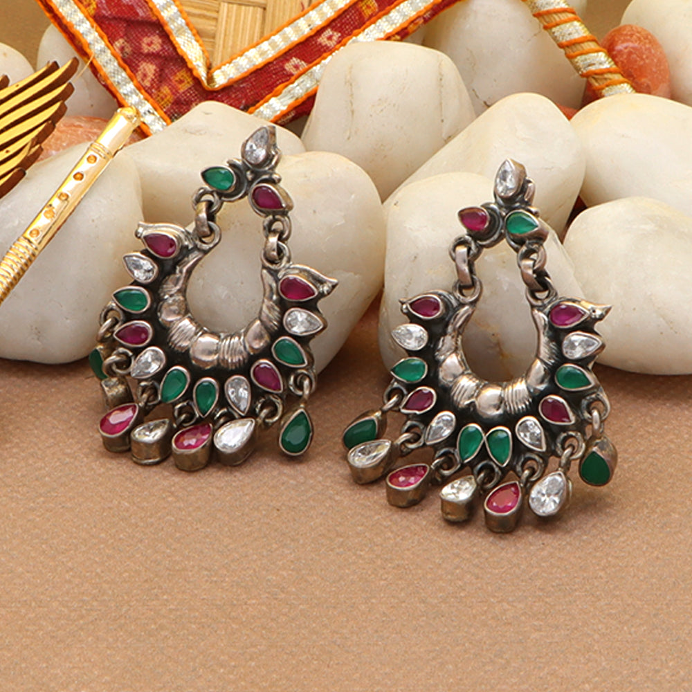 Green and Red hue teardrop enhanced half-moon hoop earrings