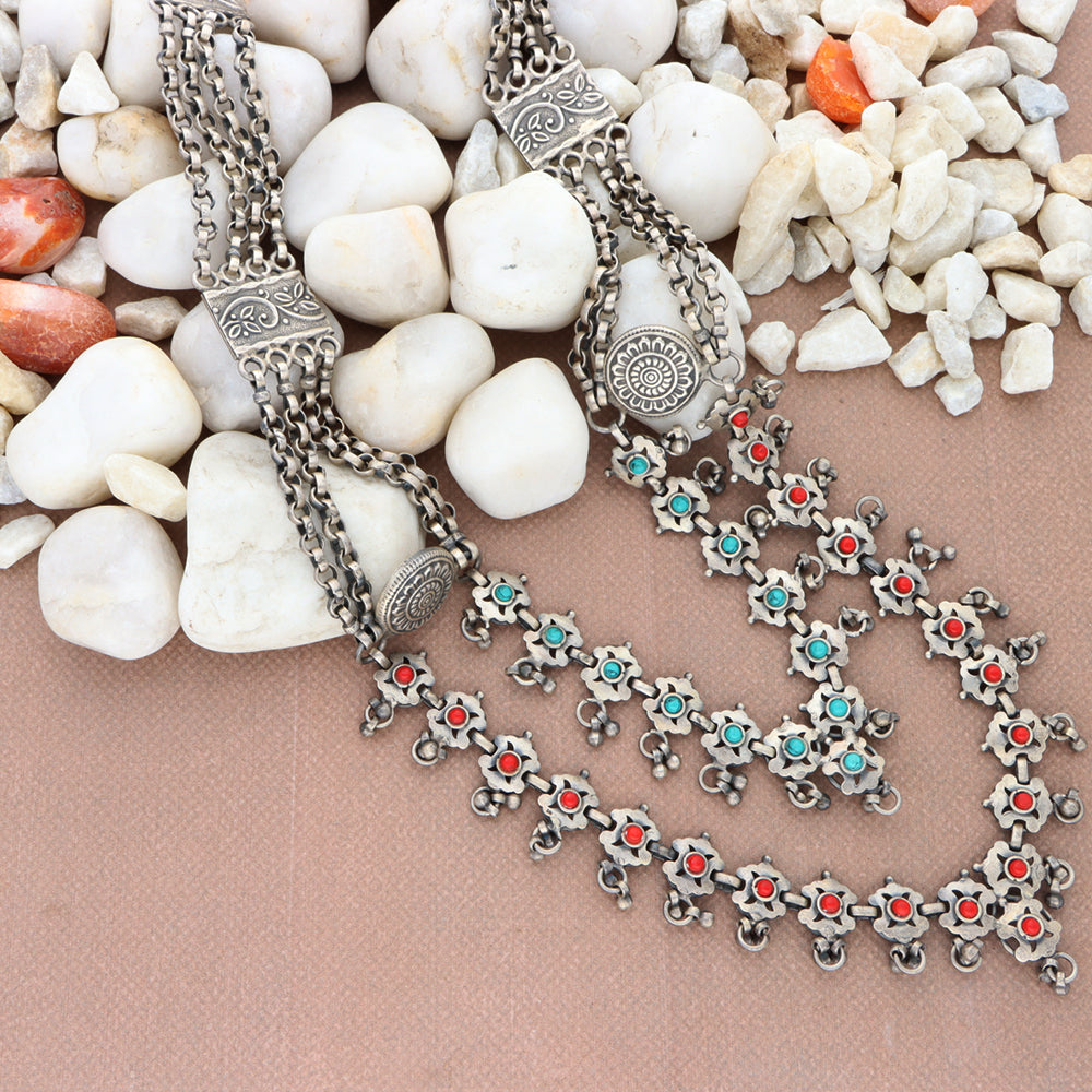 Red and blue hue stones embellished layered vintage silver necklace