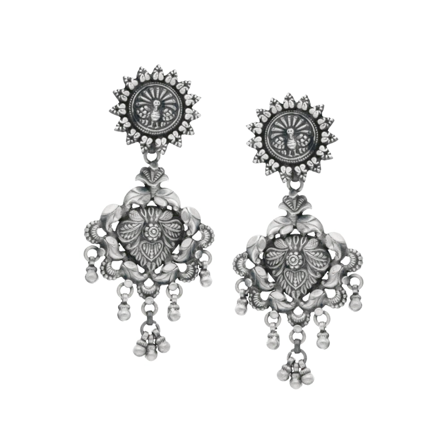 Beautiful peacock carved royal touch drop silver earrings