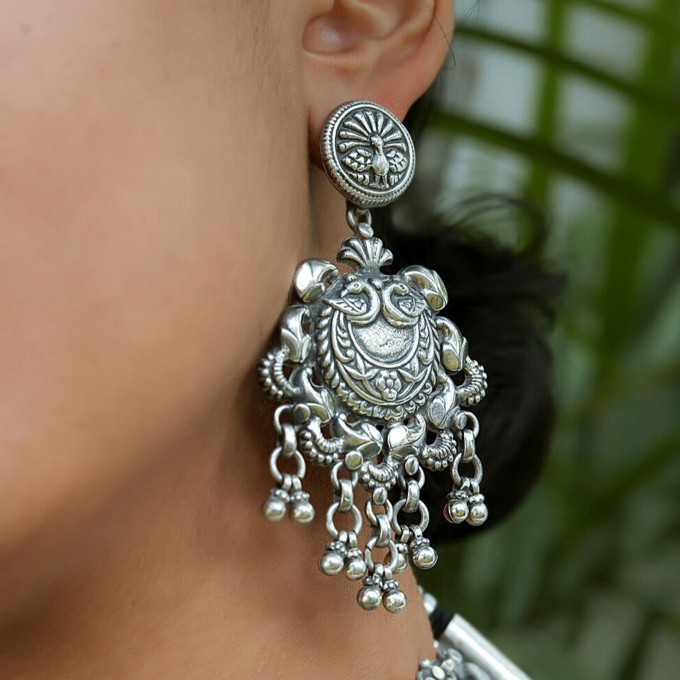 Royal peacock etched stud and flat drop silver earrings