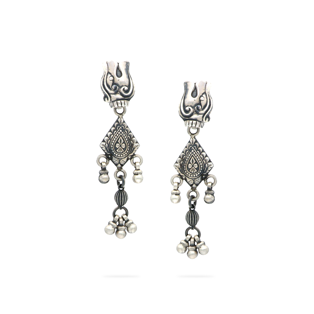 Classic art etched long silver drop earrings with silver balls